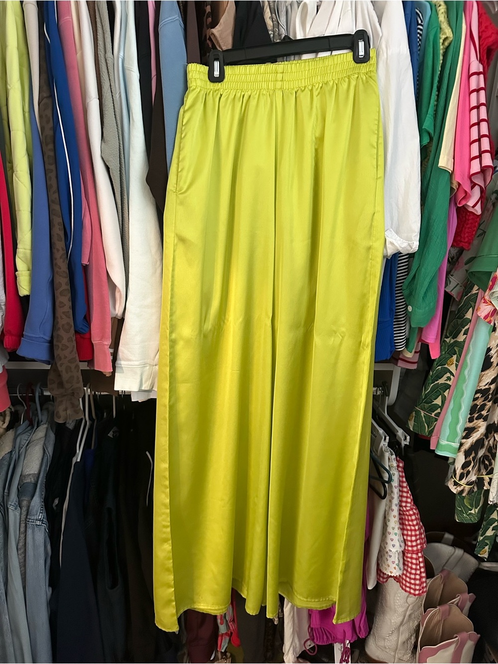 Satin Wide-Leg Pants in Lime Green - Women